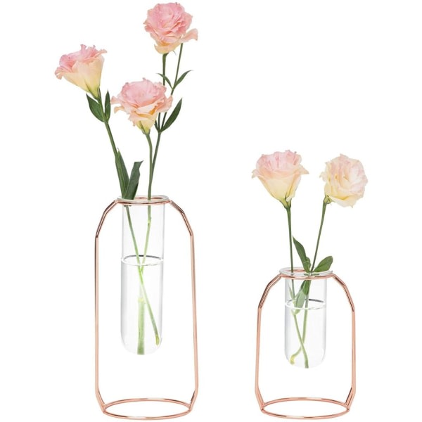 Set med 2 hängande vaser i hydroponisk glas med roséguld metallstativ