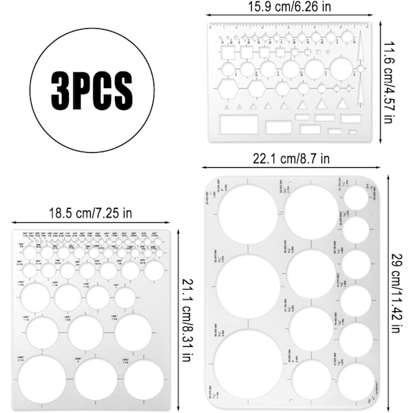 3 kpl pyöreä pyöreä stencil-malli, pyöreät stencilit piirustuksen piirtämiseen, pyöreä jäljityskynä, pyöreät mallit mittaustyökalu