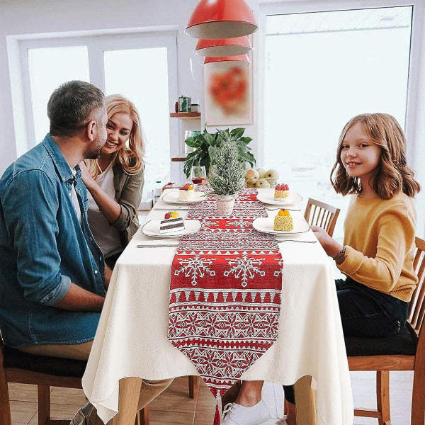 Rød jul Tartan bomuldsbordløber, dekorativ hjemmetæppe, vaskbar kvastbordløber