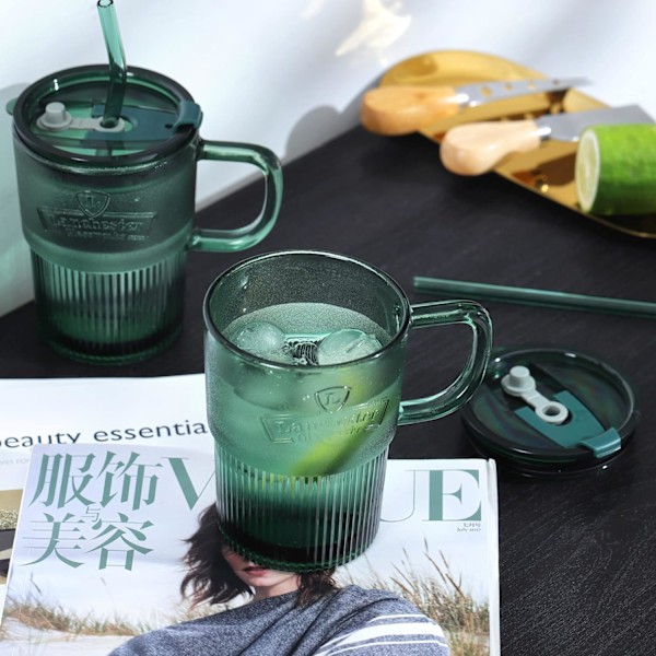 450ml Glas med Lock & Sugrör, Iced Coffee Mugg Set om 2 - Grön