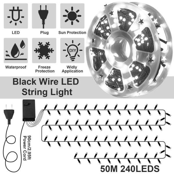 50M 240 LED svart tråd LED ljusslinga inomhus utomhus vit vattentät julbelysning 8 ljuslägen med minnesfunktion