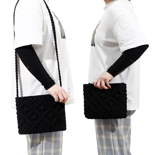Kvinder Håndvævet Crossbody Stråtaske Boheme Strand Skuldertaske Kvast Lynlås Håndtaske black