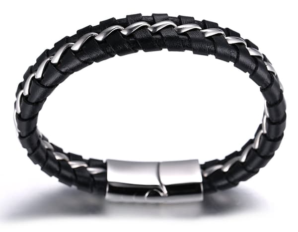 Børns dreng ægte læderarmbånd sort.Titanium sølvkæde