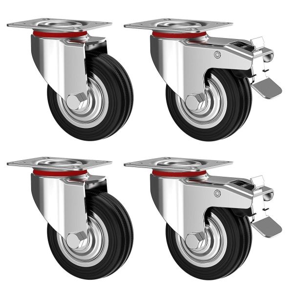 Set med 4 75 mm svängbara hjul med broms - Möbelhjul upp till 50 kg per hjul - Heavy Duty - Gummi för inomhus och utomhus - Industrihjul