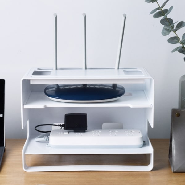 Støvsikkert Wifi Router Opbevaringsboks Dobbelt Lag Hul Sokkel Kabel Organizer Boks Hvid