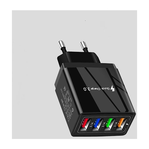 USB Væglader med 4 porte, 15W Multi-Port Rejseadapter - Sort