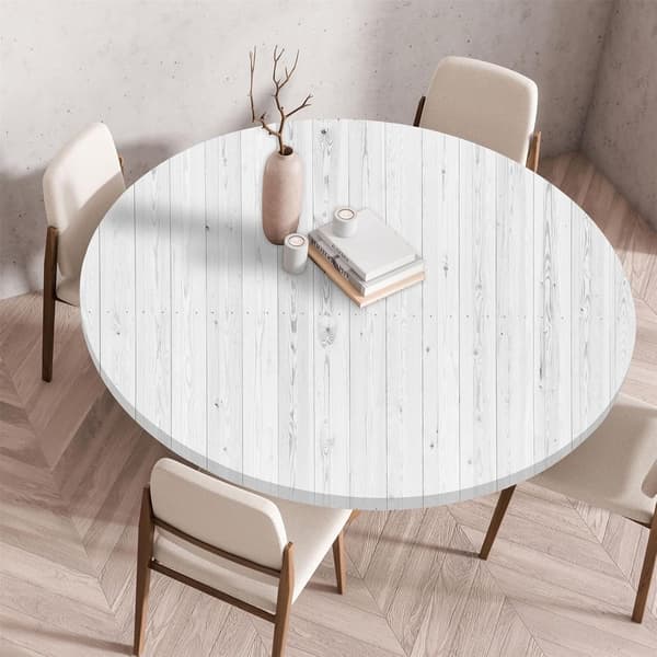 Rund duk, elastisk kant, vaskbar polyester, 3D-trykt design for spising, piknik, innendørs og utendørs bruk, hvit, 90 cm