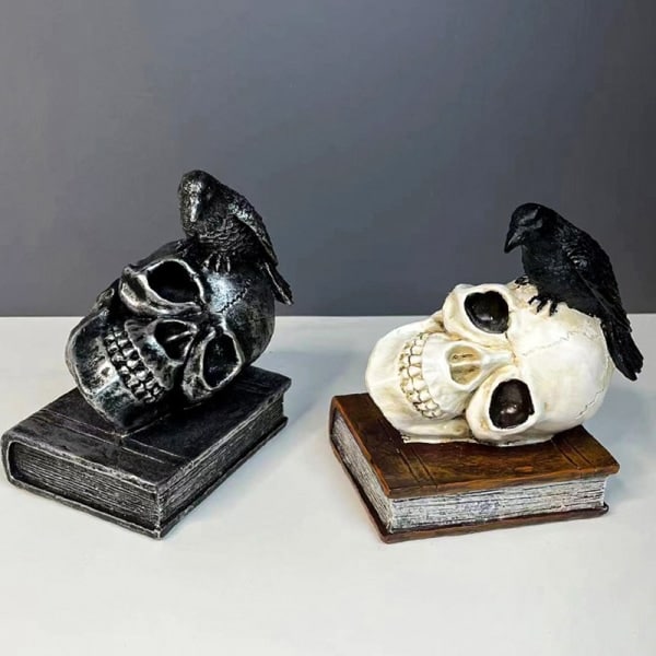 Gotisk Halloween Kranie Raavn Statue Harpiks Dekorativ Skulptur T Sort