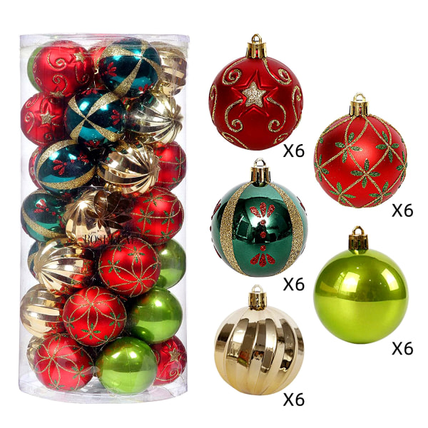 Julgransprydnader, 30 karat set 2,36" röd grön och guld julkula splittringssäker hängande set