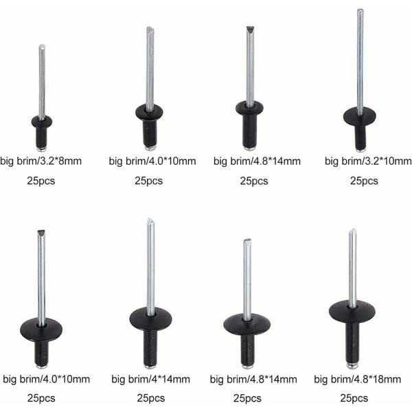200-delt aluminium popnitte sortimentssæt - 8 størrelser (3,2 mm-4,8 mm) til metal, træ, plastik - sort
