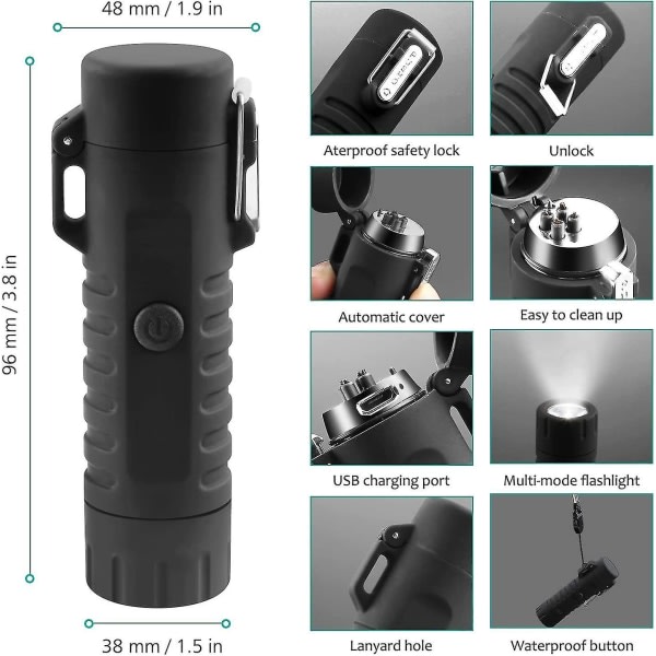 Utomhus camping lommelygte genopladelig dobbelt bue flamless lighter med lommelygte sort