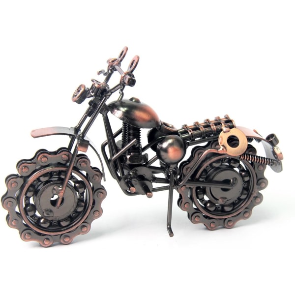 Vintage håndgjord motorcykelmodel i jern med kedjehjul som samlerkonstskulptur for motorcykelælskare, bronsfarvet metal