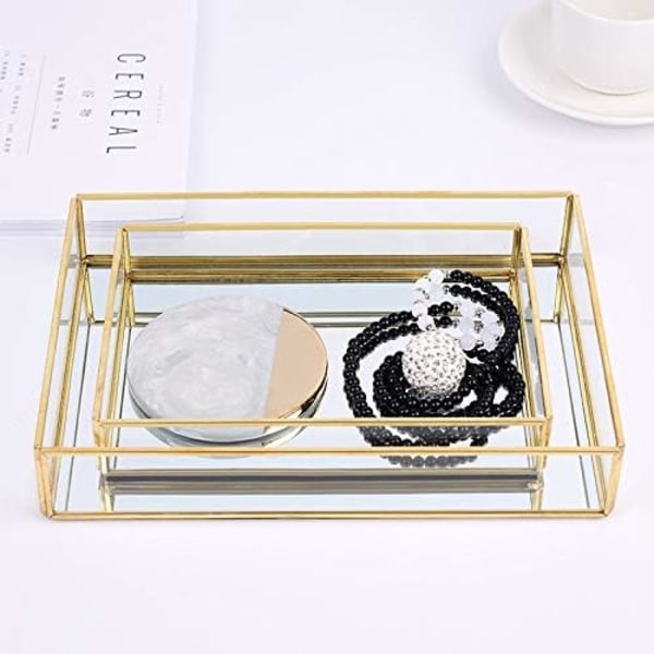 Guld spejlbakke Parfumevisning Smykkearrangør Makeupbakke Serveringsbakker Smuk kunstdekoration Spejlbakke Badeværelsesbakker (guld, 20*14*3,5 cm)