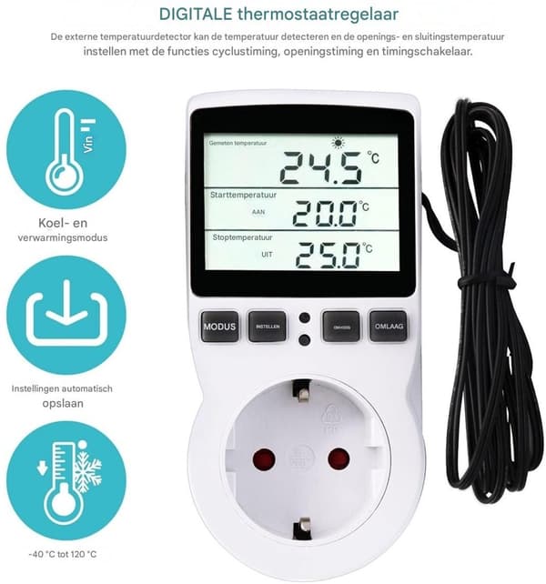 EXCITAT Digital Plug-in Termostat med LCD-display, Temperaturregulatorstik til drivhusakvarium krybdyrtank, hvid