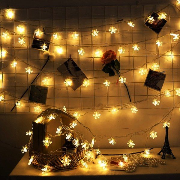 Julelys, Snefnug String Lights Batteridrevet 20ft, Varmt Hvid