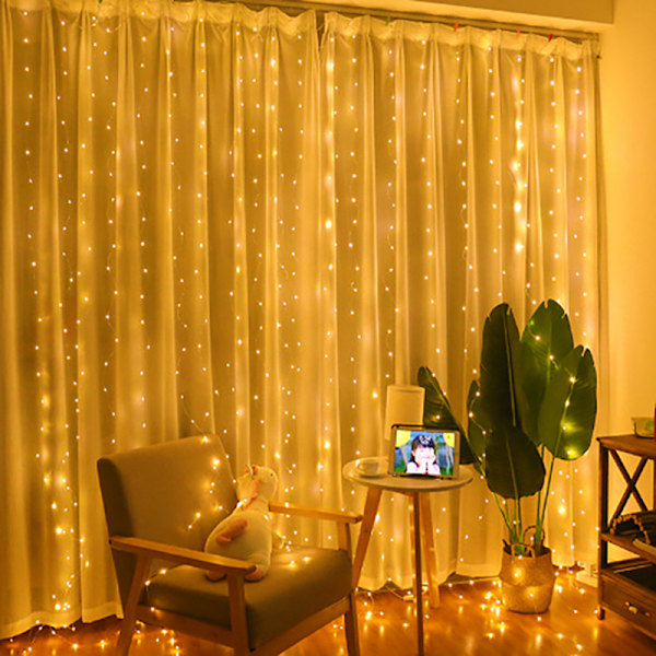 3*3m LED-gardinlampa USB 8-funktion med krok vattentät lädertrådslampa Warm light 【Alloy wire】
