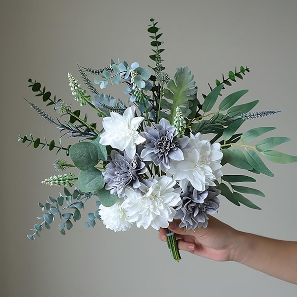 Keinotekoinen Silkki Dahlia Kimppu, 16.93 IN Tekokukat Eukalyptuksen kanssa DIY-Sisustukseen