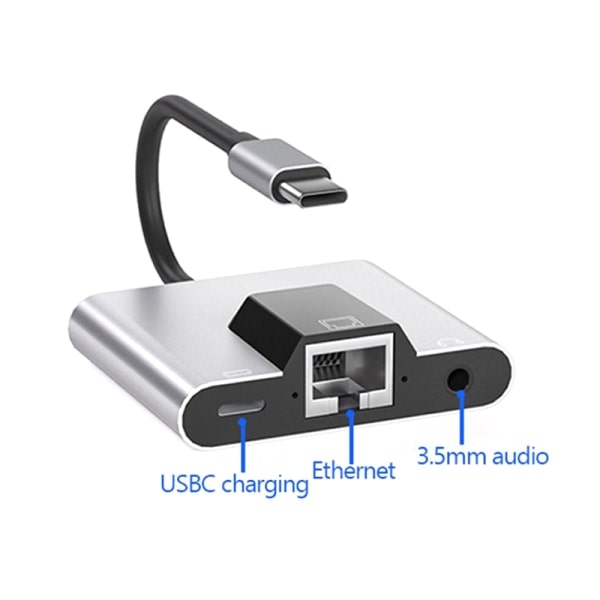 Typ-C til Ethernet LAN Netværksadapter Hub USB C til 3,5 mm lyd og PD