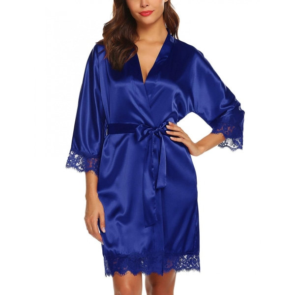 Satin Silke Morgenkåpe med Skrå V-Hals Kort Kimono Kåpe Brudepike Kåpe ------ Royal Blå (Størrelse L)