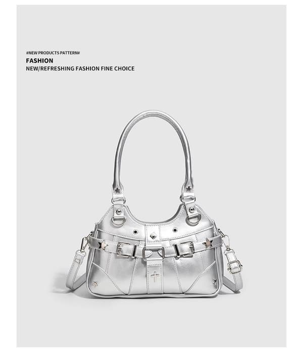 PU Leather Bag with Display Window, Rivet Bag with Adjustable Shoulder Strap Silver
