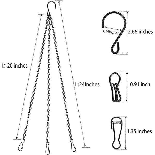 24 tommers sorte hengende kurvlenker, 3-punkts plantehengere, erstatningslenker for hengende kurver, fuglematere, lykter, 6-pakning (svart)