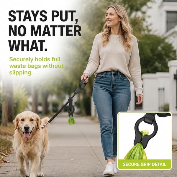 2-pak hundeposeholder med snorclips, håndfri silikone affaldsposedispenser til gåture, løb, sort