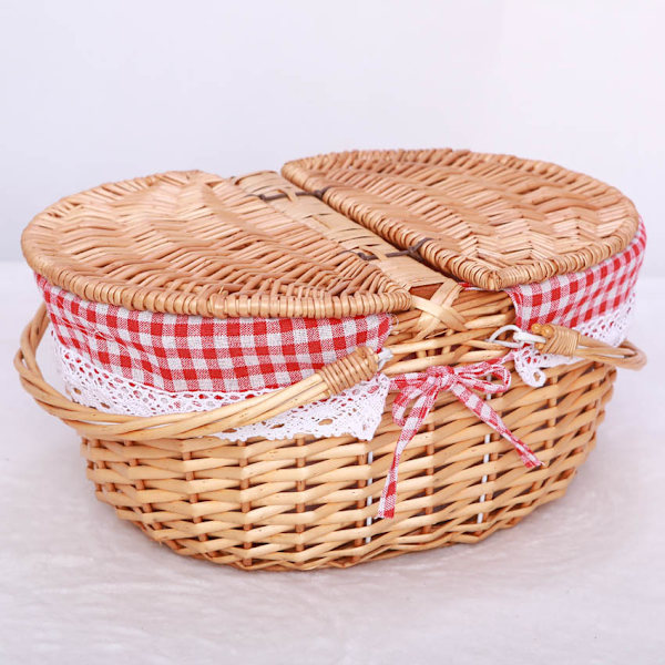 Bärbar picknickkorg för utomhusbruk, förvaringskorg stor storlek med lock, handvävd längd 38 bredd 28 höjd 18cm