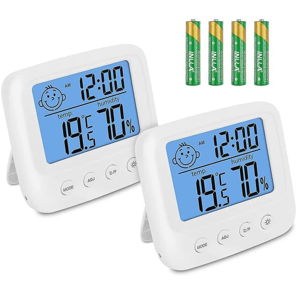 Inomhustermometer Hygrometer med Bakgrundsbelysning, Set om 2, Fuktighetssensor för Barnrum, Visar ℃/℉, Klocka & Datum