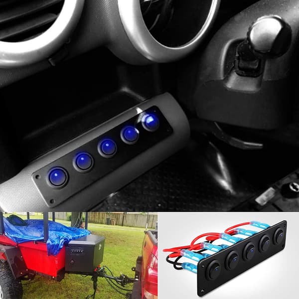 5-Knap Rocker Switch Panel, 12V Tænd/Sluk Switch Blå LED Passer til Bil Køretøjslys Bil Marine Båd