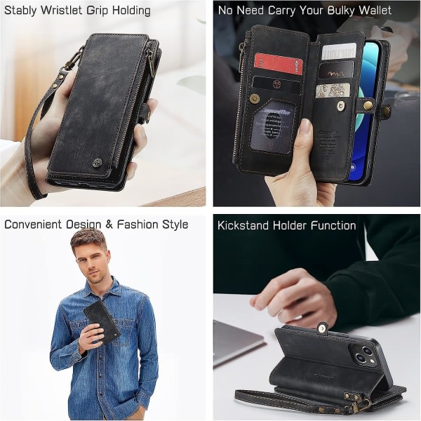 Plånbok för kvinnor män, slitstarkt PU-läder Magnetisk flip-linyardrem Armband Dragkedja Korthållare Phone case För Iphone 12 & 12 Pro