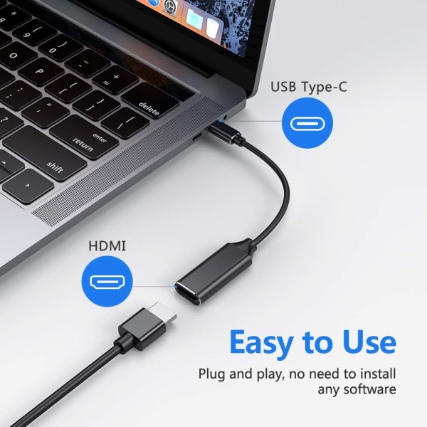 USB C til HDMI-adapter, type C til HDMI 4K-adapter (Thunderbolt 3-kompatibel) (svart)