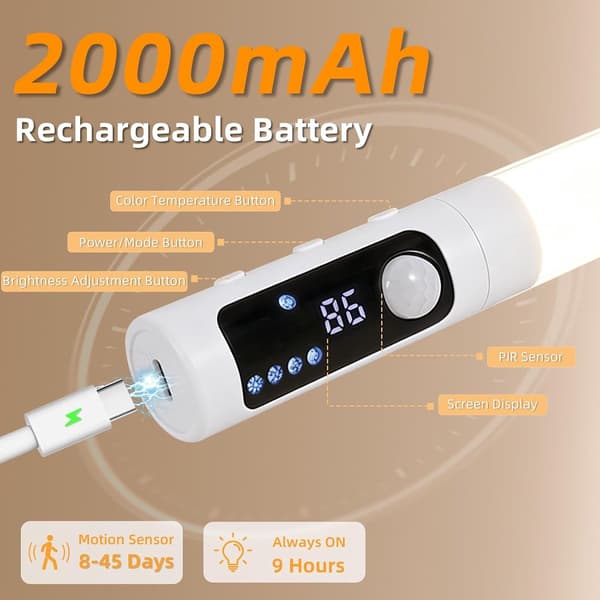 Underskåpsbelysning 2-pack, Rörelsesensor Garderobsbelysning Dimbar 3 Färgtemperaturer, 2000mAh Uppladdningsbar Magnetisk för Kök
