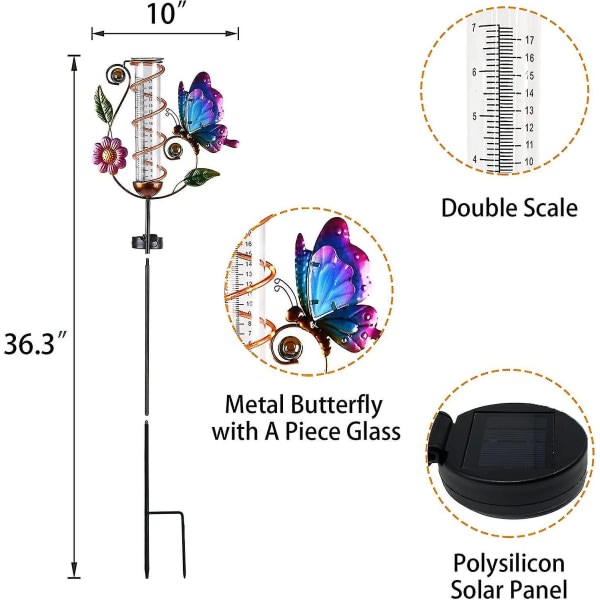 36.3 regnmätare utomhus soldriven 10 lysdioder 7 rör trädgårdsfjäril dekorativ metallstav med vattentät stort glasrör regnmätare för trädgård, garn