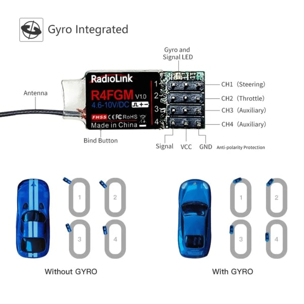 Radiolink R4FGM 4-kanals minimottagare med gyro til radio RC4GS V2 RC6GS V2 fjernbetjening 1:28 1:64 RC Drift Car