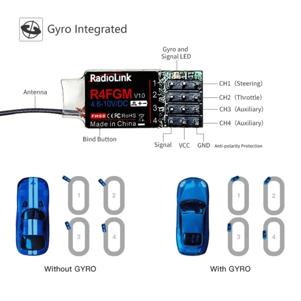 Radiolink R4FGM 4-kanavainen minivastaanotin gyrolla radiolle RC4GS V2 RC6GS V2 kaukosäätimelle 1:28 1:64 RC Drift Car