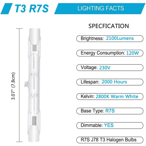 5-pak R7s halogenpære 78mm 120W, dæmpbar 230V 2100LM 2800K varm hvid J78 sikkerhedspære lineær projektørlamper