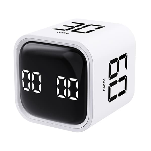 Produktivitetskube-timer med gravitasjonssensor LED-display 4 forhåndsinnstilte tider doble moduser tidsstyring nedtelling matlaging studier mini digital White