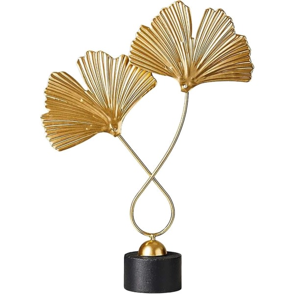 Gyllene ginkgoblad metallskulptur, liten järn- och träskulptur med accent, modernt dekorativt objekt för hem, kontor, bord och skrivbord