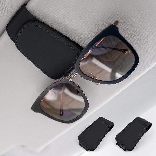 Bilbrilleholder, bilbrilleholder i skinn, magnetisk bilbrilleholder, bilbrilleholder, klips til visirbrilleholder - sett med 2