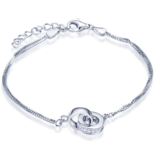 Kvinnors Cubic Zirconia Armband Interwoven Ring Dubbellänk Armband Justerbart Sterling Silver Charm Armband Silver