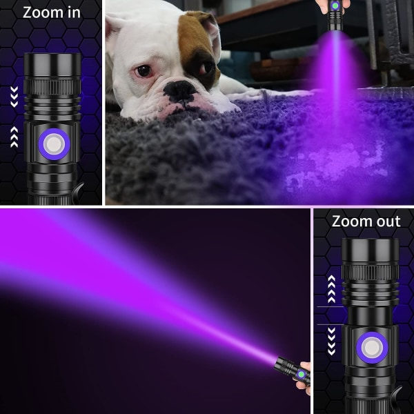 UV-ficklampa svart ljus 395nm uppladdningsbar Woods lampa, Blacklight Ultraviolet Portable Mini Torch LED med klämma