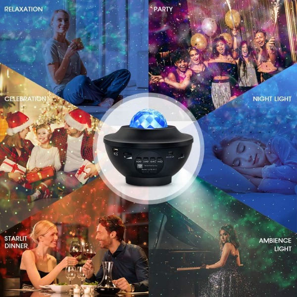 Stjerneprojektor Nattelys 2 i 1 LED Nebula Cloud/roterbar Ocean Wave-projektor med fjernbetjening og Bluetooth musikhøjttaler