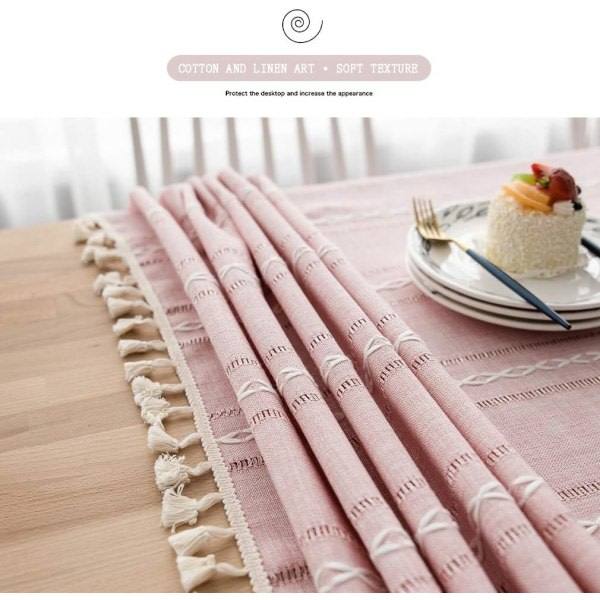 CDQ Rektangulært Bordduk Bomullslin Tassel Tørrrens Vaskbar (Rosa-Striper, 55 x 79 tommer) Rosa