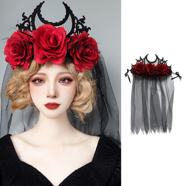 Dødedag Hovedbånd Gotisk Hovedbeklædning Sort Slør Krone Barok Tiara Krone Lolita Hårtilbehør Halloween Krone