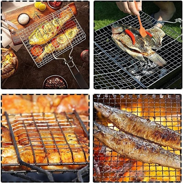 Grillkurv, BBQ-kurv i rustfritt stål, Grillkurv for grilling, Sammenleggbar fiskekurv i rustfritt stål med avtakbart håndtak for fisk, biff, reker