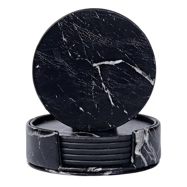 6-pak vendbare PU-læderunderlag med holder, varmeisolerende bordbeskyttelse, sort marmor 10 cm