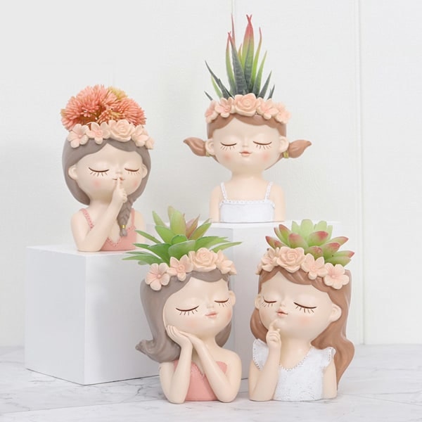 Søte planter blomsterpotte harpiks sukkulent potter blomstervaser liten jente null - D