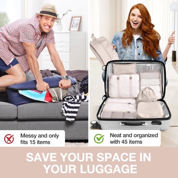 Reseorganisatör Set - 7 Packningskuber & Väskor för Resväska Beige Beige