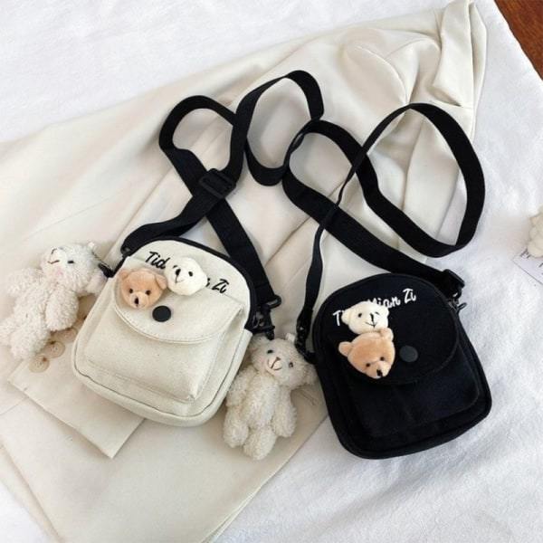Ins Fashion Crossbody Canvas Bag e Bear Letter Student Small Bu vit