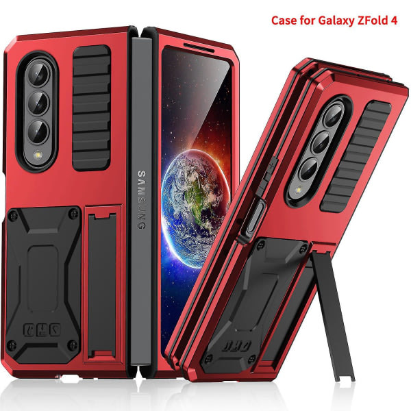 Kotelo yhteensopiva Samsung Galaxy Z Fold 4:n kanssa, kova PC Military Armor Heavy Duty iskunkestävä suojakotelo telineellä Punainen